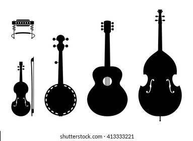 Country Music Instruments Silhouettes. Vector Illustration Of Musical Instruments Silhouettes Of A Regular, Traditional Country Music Band.