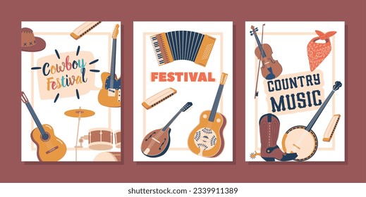 Country Music Instrument-themed Banners. Vibrant Displays Featuring Guitar, Fiddle, Banjo, And Accordion, Illustration