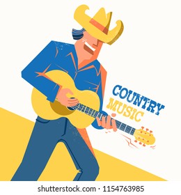 Country music. Musician in American cowboy hat palying the guitar and singing. Vector music poster 