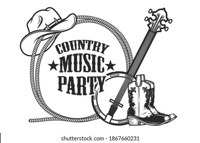 Country music party. Frame from rope with cowboy boots, hat and banjo in engraving style. Design element for poster, card, banner, sign. Vector illustration