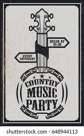 Country Music Party Poster Template. Vintage Banjo On Grunge Background. Vector Illustration