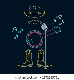 Country music player neon sign concept. Bluegrass musical festival led luminous emblem. Vector isolated illustration. Banjo musician symbol.