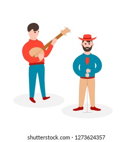 Country music player and singer. Bluegrass musical festival. Vector isolated illustration. Banjo musician. Live solo.