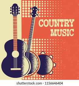 Country Music poster background with musical instruments on retro old paper for text