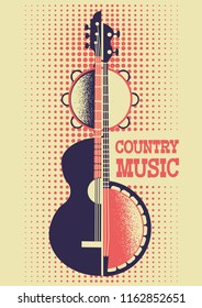Country Music poster color background with musical instruments on retro paper for text