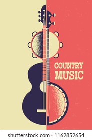 Country Music poster color background with musical instruments on retro paper for text and decor