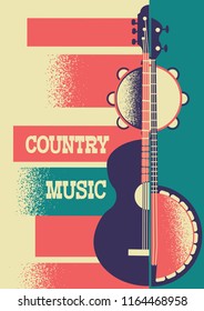 Country Music poster color background with musical instruments on retro poster for text.Vector illustration