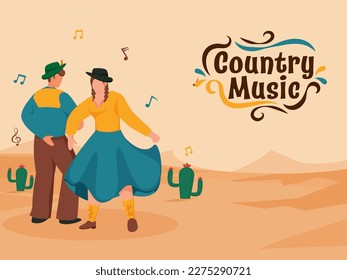 Country Music Poster Design With Faceless Cowboy And Cowgirl Performing Dance On Cactus Sand Landscape Background.