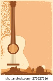 Country music poster with guitar on old paper texture for text