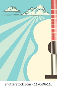 Country Music poster with musical instrument acoustic guitar.Vector vintage blue sky background for text.