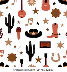 Country music seamless pattern. Cowboy hat with country music. Poster of country live music festival. Concert banner template with guitar and cowboy hat western style. Symbols of country music texture