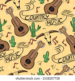 Country music seamless pattern with guitars, cacti, notes and inscriptions.