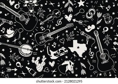 Country Music Seamless Pattern With Musical Instruments, Cowboy Boot, Cacty And Other Elements, Vector Design For Paper, Fabric And Other Surface