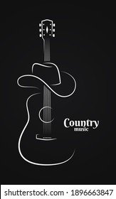 Country Music Sign. Cowboy Hat With Guitar Live Music On Black Background