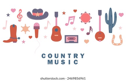 Country music sign. Cowboy hat with country music. Poster of country live music festival. Concert banner template with guitar and cowboy hat western style. Symbols of country music