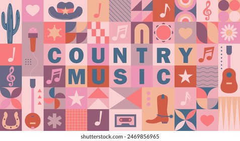 Country music sign. Cowboy hat with country music. Poster of country live music festival. Concert banner template with guitar and cowboy hat western style. Symbols of country music