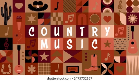 Country music sign. Cowboy hat with country music. Poster of country live music festival. Concert banner template with guitar and cowboy hat western style. Symbols of country music