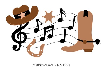 Country music sign. Cowboy hat with country music. Poster of country live music festival. Concert banner template with guitar and cowboy hat western style. Symbols of country music