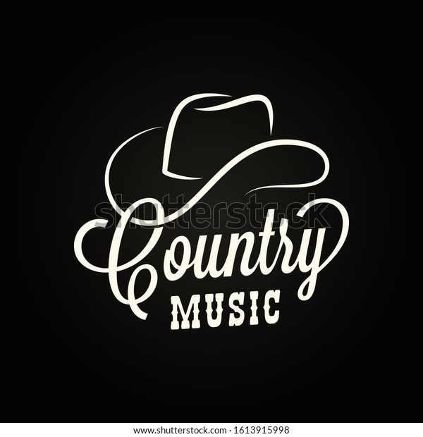 Country music sign. Cowboy hat with country\
music lettering on black\
background
