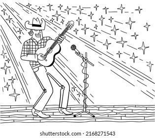 Historia de la música country. Hombre usando un dibujo vectorial de la línea del jugador de guitarra con equipo de vaquero aislado en blanco.