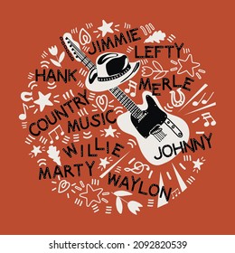 country music style card with guitara, cowboy hat and letters, vector design for paper, fabric and other surface