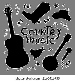 COUNTRY MUSIC SYMBOLS Cut Out Silhouettes American Cowboy Attributes Of Western Music Festival Country Vector Illustration Set For Print And Cutting