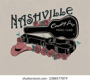 country music vector design, guitar box with hat and roses artwork, nashville music city typography design, retro vintage western design for t shirt, sticker, poster, graphic print