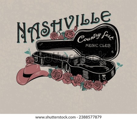 country music vector design, guitar box with hat and roses artwork, nashville music city typography design, retro vintage western design for t shirt, sticker, poster, graphic print