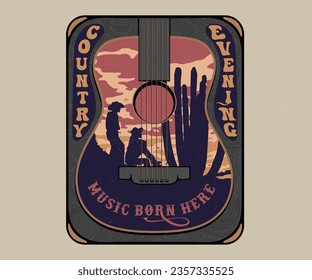 country music vector poster design, cowboy cowgirl in evening desert, desert sunset vector illustration, classic country music artwork, western music graphic print, retro vintage design