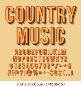 Country music vintage 3d vector lettering. Retro bold font, typeface. Pop art stylized text. Old school style letters numbers, symbols, elements pack. 90s, 80s poster, banner. Mellow color background