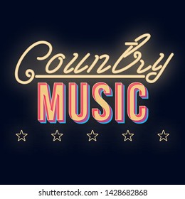 Country music vintage 3d vector lettering. Dance party. Retro bold font, typeface. Pop art stylized text. Old school style neon light letters. 90s, 80s poster, banner. Dark violet color background