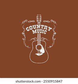 Country music. Written in white and a guitar below the phrase on a brown background. Vector for silkscreen, dtg, dtf, t-shirts, signs, banners, Subimation Jobs or for any application.