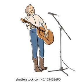 Country musician plays guitar and sing. Female guitar player in jeans and boots. Black isolated contour and colors. Hand drawn style. Vector element. Colorful flat illustration.
