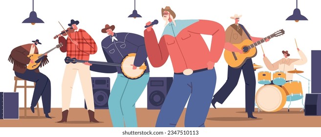 Country Musicians On Stage Exude Raw Emotion, Strumming Guitars And Belting Heartfelt Lyrics Cartoon Vector Illustration