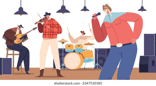 Country Musicians On Stage Exude Raw Emotion, Strumming Guitars And Crooning Heartfelt Lyrics, Vector Illustration