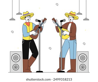 Country-Musiker treten auf. Männer in Jeans und Sombreros mit Gitarren singen. Konzert und Show. Talentierte Sänger und Gitarristen mit Mikrofonen. Lineare Vektorgrafik einzeln auf weißem Hintergrund