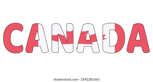 The country name CANADA is displayed in large, bold letters. Each letter is filled with the colors of the Canadian flag.