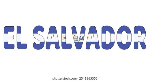 Der Ländername EL SALVADOR wird in großen, fett gedruckten Buchstaben angezeigt. Jeder Buchstabe ist mit den Farben und Symbolen der Flagge El Salvadors gefüllt.