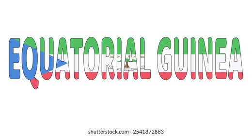 El nombre del país GUINEA ECUATORIAL se muestra en letras Grandes en negrita. Cada letra está llena de los colores y símbolos de la bandera de Guinea Ecuatorial.