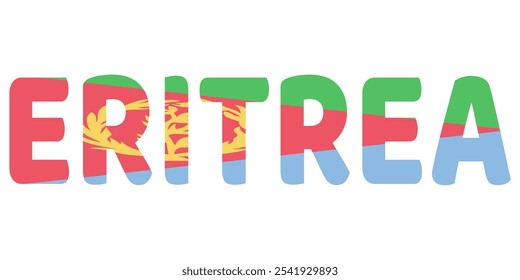 The country name ERITREA is displayed in large, bold letters. Each letter is filled with the colors of the Eritrean flag.