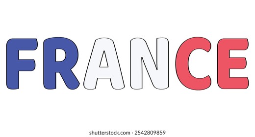 The country name FRANCE is displayed in large, bold letters. Each letter is filled with the colors of the French flag.