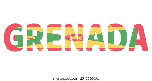 The country name GRENADA is displayed in large, bold letters. Each letter is filled with the colors and symbols of the Grenadian flag.