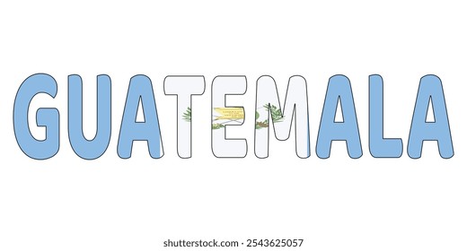 The country name GUATEMALA is displayed in large, bold letters. Each letter is filled with the colors and symbols of the Guatemalan flag.