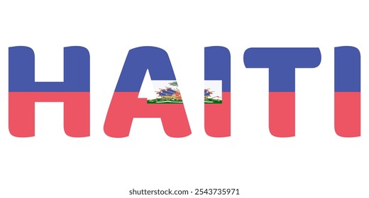 O nome do país HAITI é exibido em letras grandes e em negrito. Cada letra é preenchida com as cores e símbolos da bandeira haitiana.