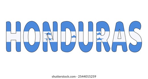 O nome do país HONDURAS é exibido em letras grandes e em negrito. Cada letra é preenchida com as cores e símbolos da bandeira hondurenha.