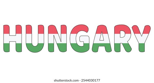 The country name HUNGARY is displayed in large, bold letters. Each letter is filled with the colors and symbols of the Hungarian flag.