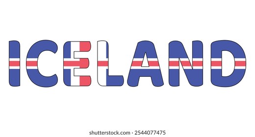 The country name ICELAND is displayed in large, bold letters. Each letter is filled with the colors and symbols of the Icelandic flag..