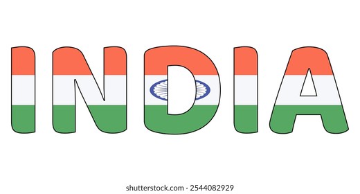 The country name INDIA is displayed in large, bold letters. Each letter is filled with the colors and symbols of the Indian flag.