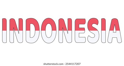 The country name INDONESIA is displayed in large, bold letters. Each letter is filled with the colors and symbols of the Indonesian flag.