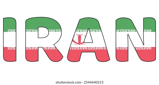 The country name IRAN is displayed in large, bold letters. Each letter is filled with the colors and symbols of the Iranian flag.